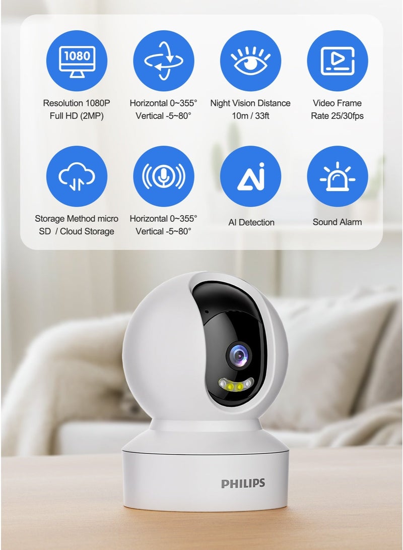 Philips 360° Smart Security Camera, 1080P WiFi Indoor/Outdoor Surveillance, Motion Detection, Privacy Mode, Smart Tracking, Two-Way Audio, Night Vision, Supports Up to 128GB TF Card, Remote Alerts for Home/Baby/Elder Monitoring.AI Image Enhancement – 1080P Video Enhanced to 2K-Like Detail - Image 3